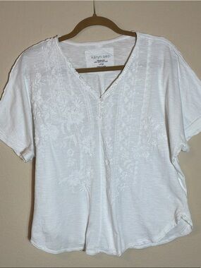 KARYN SEO White 100% Cotton V Neck  Knit Boho Embroidered Top Size Large